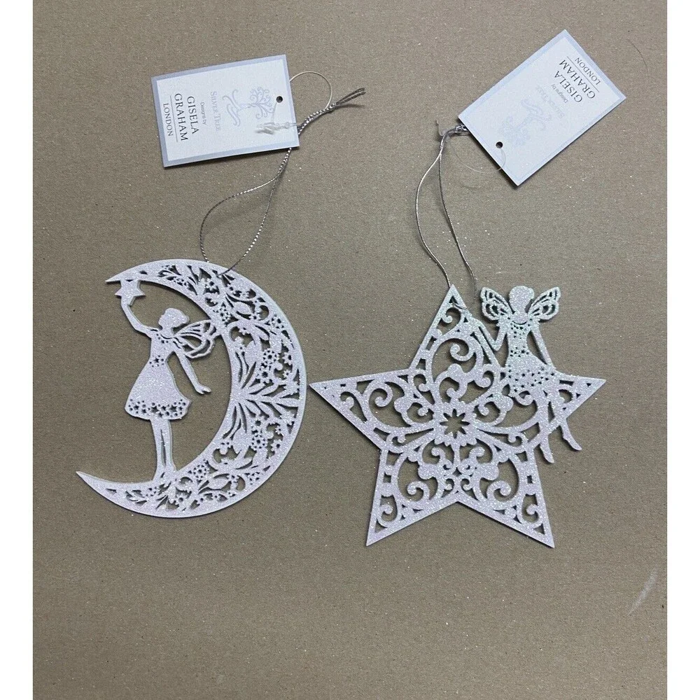 Gisela Graham London Christmas Ornaments Wooden Star and Moon Fairy Cutout Set